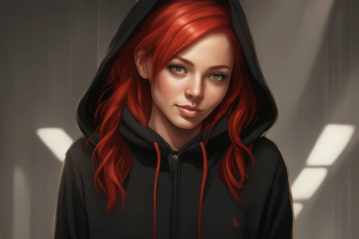 Woman with bright red hair, brown eyes, wearing a black hoodie, realistic, slight smile