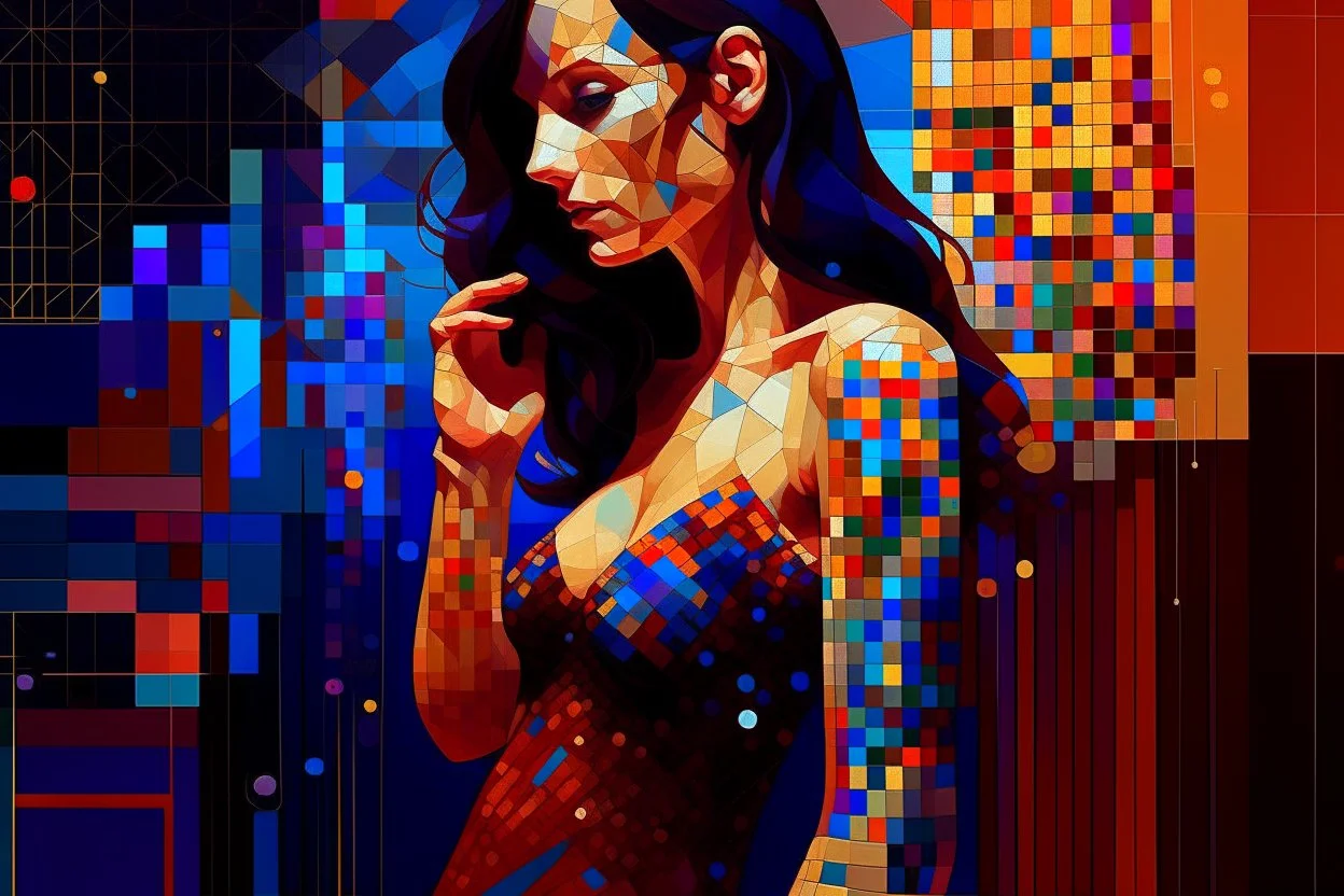 beautiful brunette sensual woman in a body suit, vibrant deep colors abstract minimalism impasto oil atey ghailan Andy Kehoe Jean Baptiste Monge Nagasawa Rosetsu Arthur Adams Hokusai style math art platinum dots concrete art burgundy deep blue golden foil wiring diagram made of dot squares wood stone chopped metal by Norman Rockwell Anton Fadeev krenz cushart disco club deep lighting neon ambience rich light, sequins, glitters, crystal dust, glowing effect rim light, inner glow, volumetric light