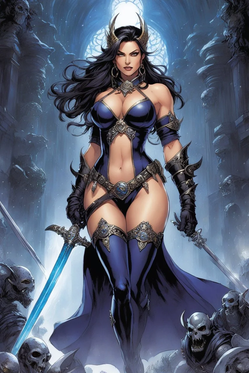 (in the style of Orion, by Masamune Shirow) skinny Ashley Graham, the Necromancer Queen emerges, her twin swords gleaming with dark power. Undead minions heed her command, twisted by her malevolent magic into grotesque servitude. Flanked by monstrous warriors, one decay-shrouded and the other a formidable mass of muscle, she nears the heart of the battlefield as a storm of dread brews above, echoing nature's