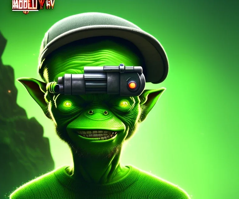 equipment hat, goblin welder, head clamp, clamp screw, stuck on head, illustration, green skin, rocky backdrop