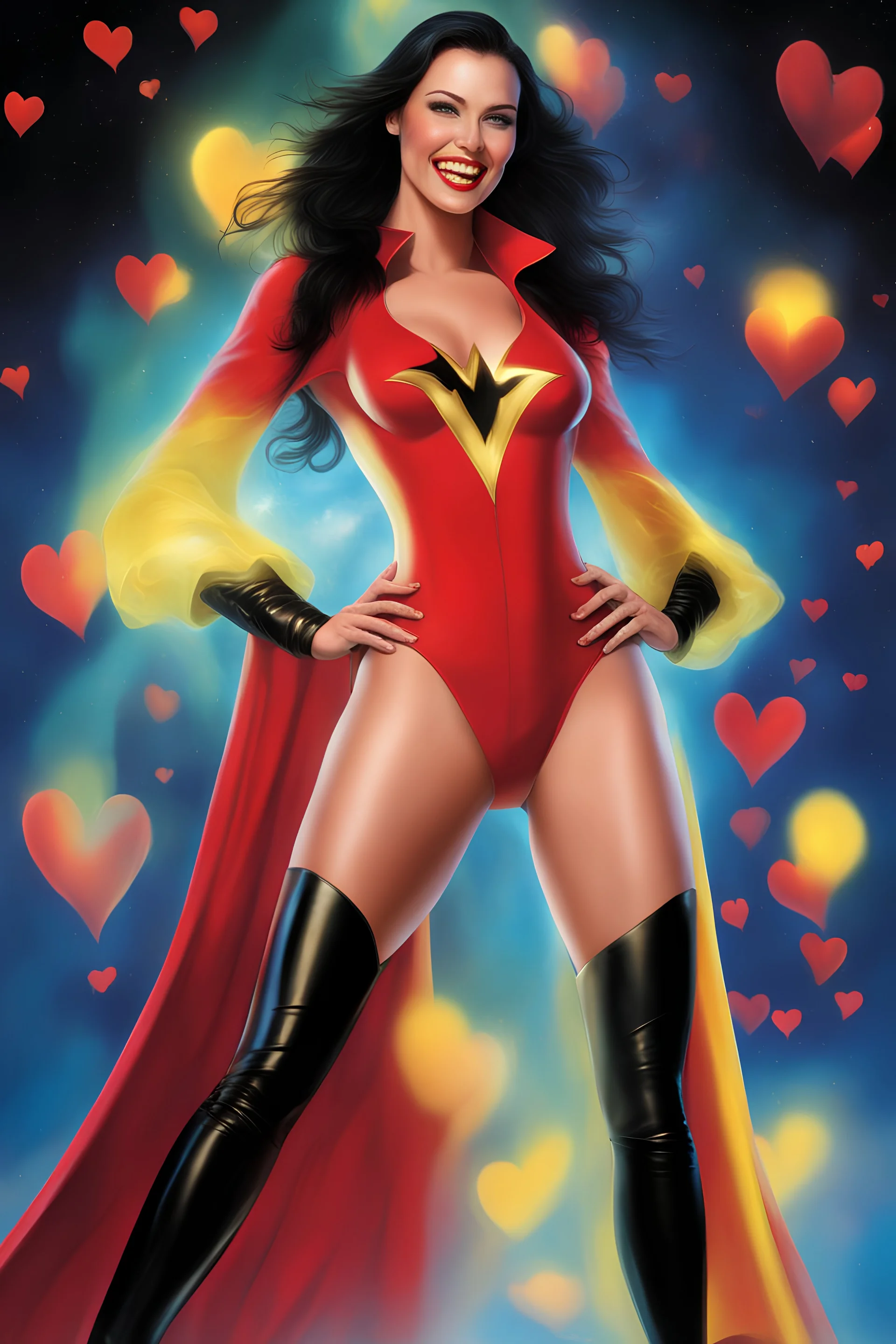 3D bubbles, 3D hearts, sunlight, blue skies, magic, multicolored swirling light, aurora borealis, UFOs, Devil's Tower, fireflies, facial portrait of Megan Gale as Vampirella smiling a big bright happy smile, wearing a red sling suit with a gold/yellow bat emblem on the lower stomach area, and black boots, professional quality digital photograph, happy time