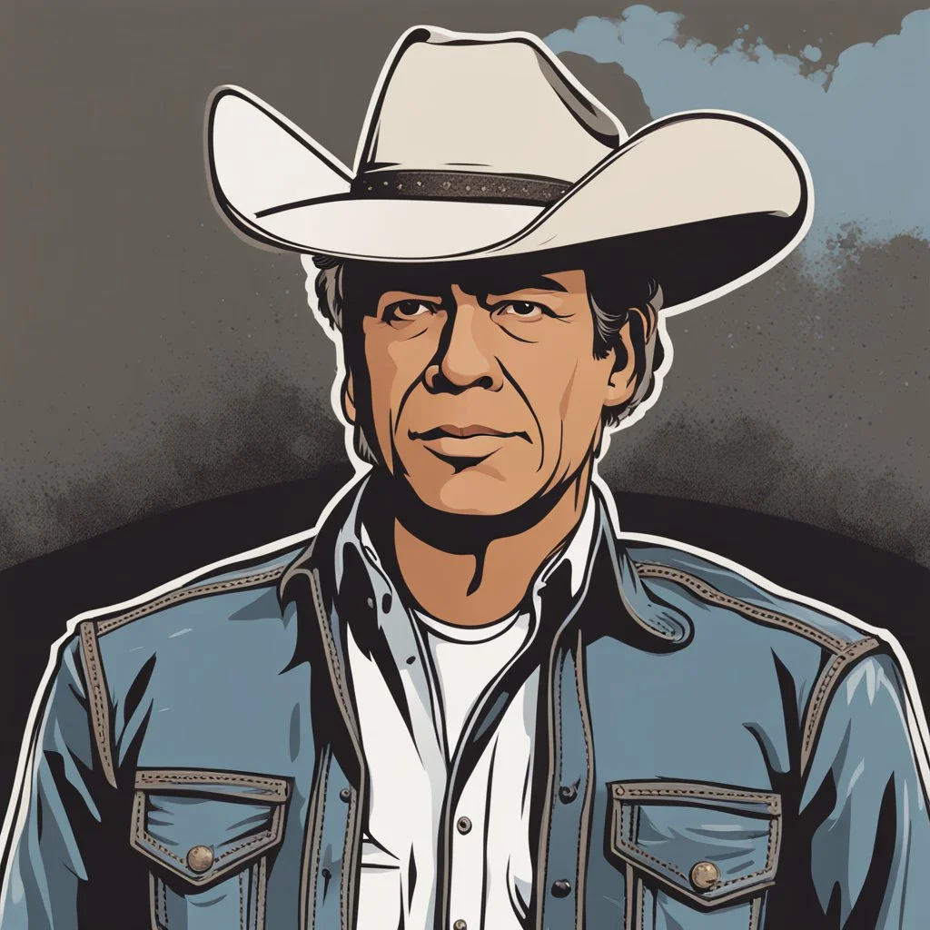 vector graphic of Gustavo Petro serious with a cowboy hat, with a shirt and jeans, without glasses, without a tie