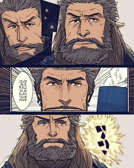 Mesopotamian warrior, expression serious, aura, portrait, background Mesopotamian city, comic style, long beard,