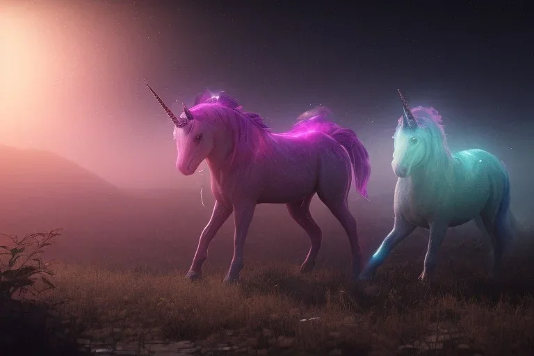 two glowing unicorns in space,nebula in the backround,shiva