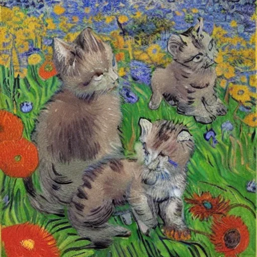 Portrait of kittens in a flower garden by Van Gogh