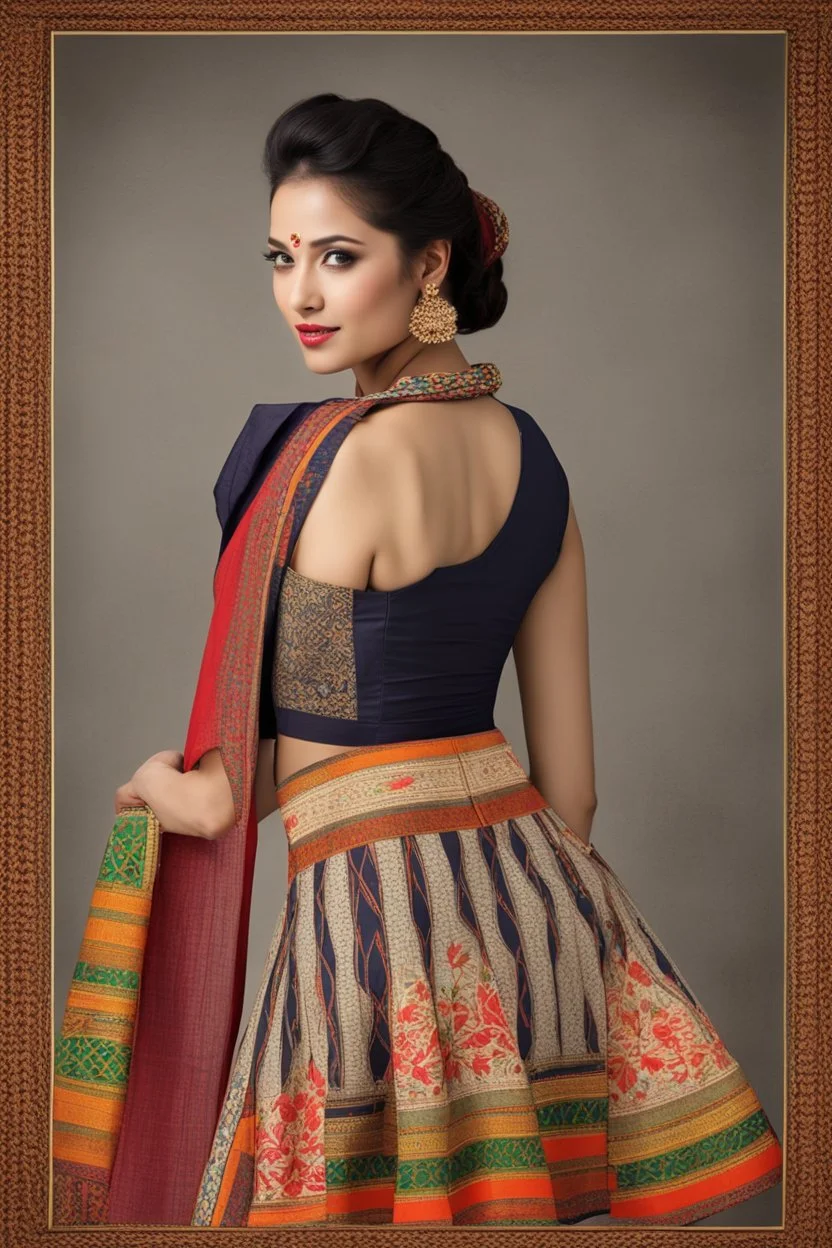 Aesthetic, 3D, Digitized, Hyper realistic, Surreal, Mesmeric, "Assamese Ethnic Tribal / Traditional Woven Women Attire" & Textile (Handloom) Industry themed Mekhela Chador (The bottom half of this distinct dress is called the 'Mekhela ', a round fit used waist downwards over a petticoat) designs, **Featured Designs:** The Politician - A charismatic female leader fighting for Assamese textile heritage preservation policies. Her elegance in ethnic wear signals hope. **Appearance:** Fictional femal