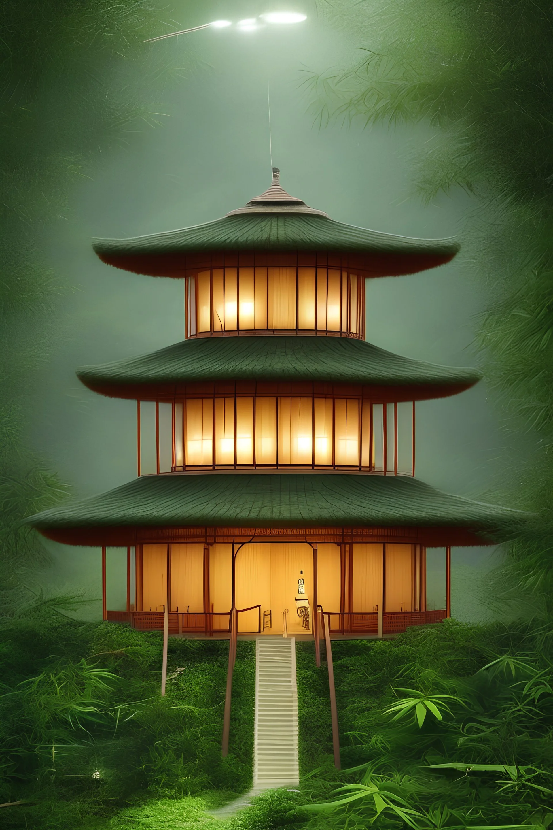 Create an image of a bamboo pavilion for a tramway station with a leaf-shaped roof, illuminated with bioluminescent light. The bioluminescent light should glow softly from the interior, highlighting the natural bamboo structure and creating a serene ambiance.