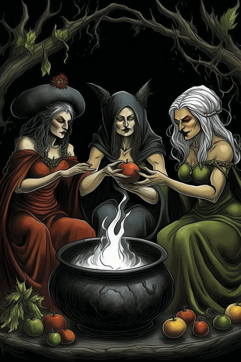 The three witches from macbeth sitting around a streaming cauldron, the one on the left dressed as lady macbeth offering a crown, the middle one dressed as a Spanish gypsy offering herself and the one on the right, naked apart from a fig leaf, is holding out an apple