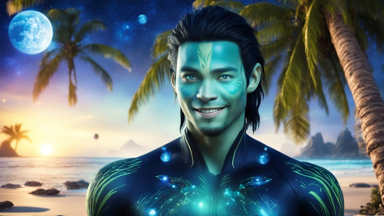 beautiful gorgeous young man na'vi with long hair, Avatar, blue skin, two small ears, green eyes, black hair, in cosmic suit, galactic ambiance, medium pointy goatee , smiling, with spaceship and planets and palm trees and clear crystaline cosmic beach in background