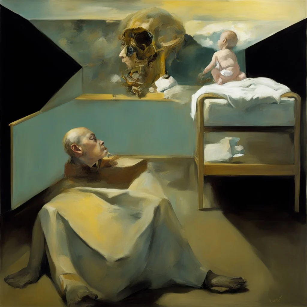 human body, universe-like light,complex surgical instruments mixed with a newborn boy,minimalism,Painting By Adrian Ghenie, Rene Magritte, Salvador Dali, Lucian Freud