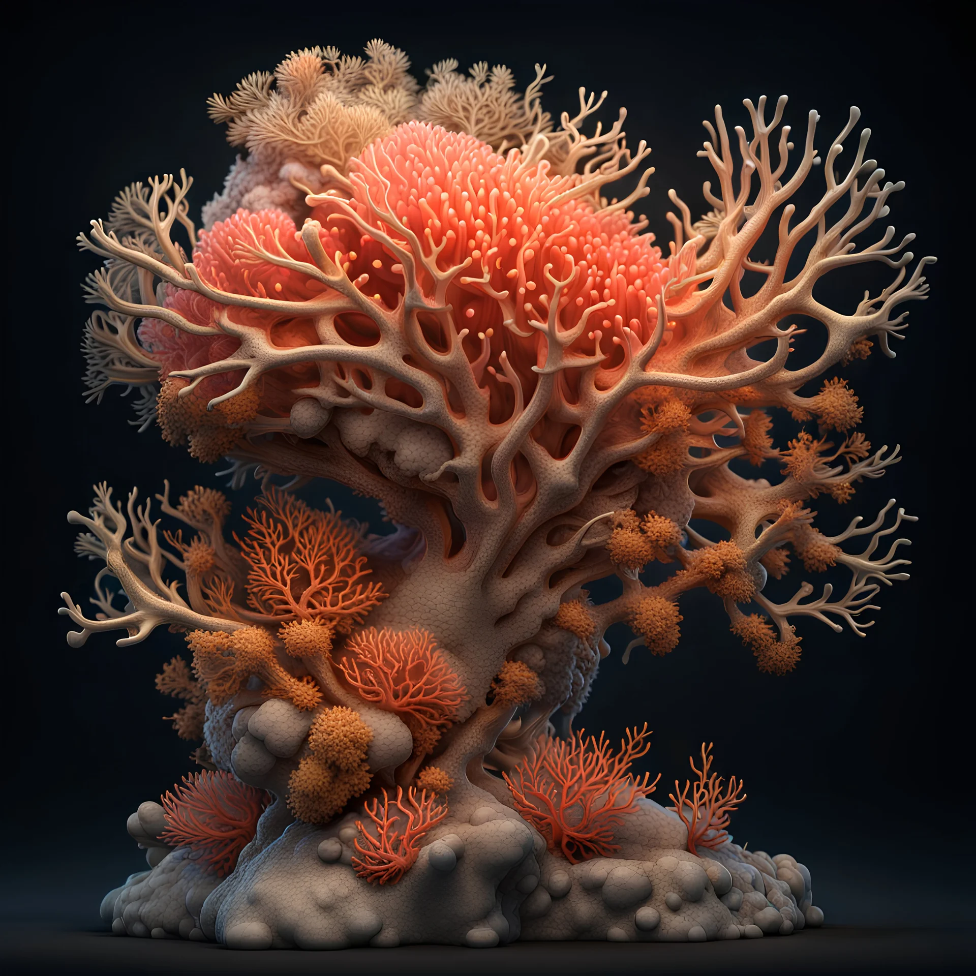 3D rendering of Expressively detailed and intricate of a hyperrealistic “coral”: side view, scientific, single object, shinning gold, vines, tribalism, black background, shamanism, octane render, 8k post-production, detailled metalic bones, dendritic, artstation: award-winning: professional portrait: atmospheric: commanding: fantastical: clarity: 16k: ultra quality: striking: brilliance: stunning colors: amazing depth