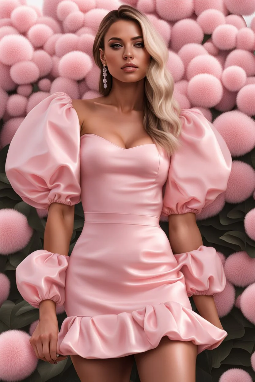 full-body photorealistic girl wearing a pink puff sleeves mini dress, photoreal, realistic, aesthetic nail art