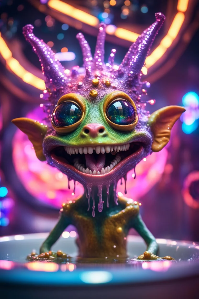 portrait of ultimate transcendent happy disco helmet wested pimp kobold alien frown with spotlights and huge dripping forked tounge sticking head out of a bathtub portal, in front of space portal dimensional glittering device, bokeh like f/0.8, tilt-shift lens 8k, high detail, smooth render, down-light, unreal engine, prize winning