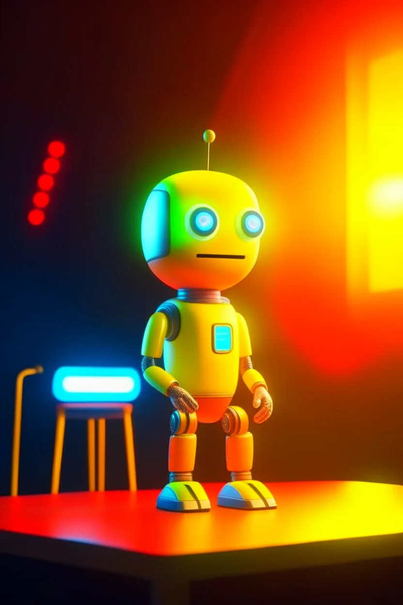 cute adorable chat robot behind podium with expensive microphone, big screens in the background, its such a perfect day i am glad i spent it with you, motion blur, smoke, 4k, downlight, soft light, depth of field, photorealism, trending on art station, yellow, orange and blue