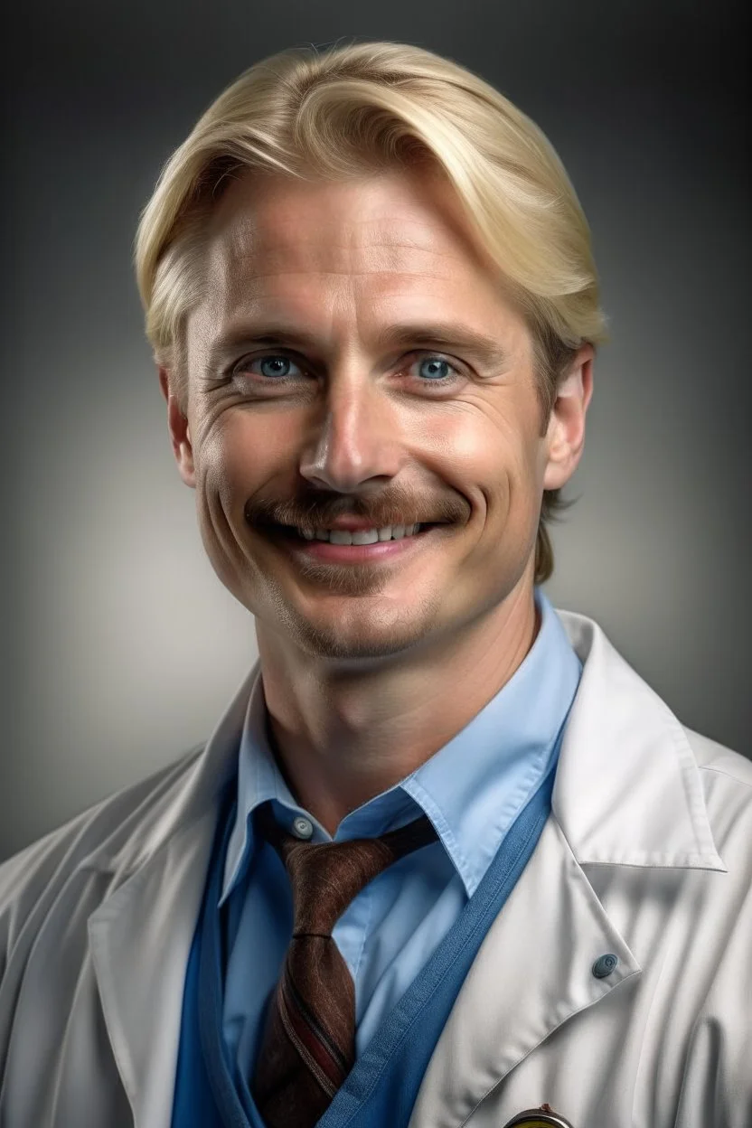 Mid-thirties, Caucasian male doctor, kind smile, blonde hair (slightly disheveled) thick blonde mustache, pale blue eyes, broad shoulders, muscular, six foot, Hawaiian shirt under white lab coat (with blood stains around the edges) , Strong Jaw line, shadowy tendrils,stethoscope draped around neck, photo realistic