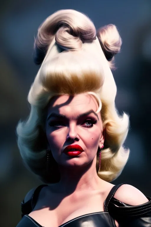 jayne mansfield as evil queen in black leather, angry, stern look, volumetric lighting, particales,highly detailed,cinematic, deep colours,8