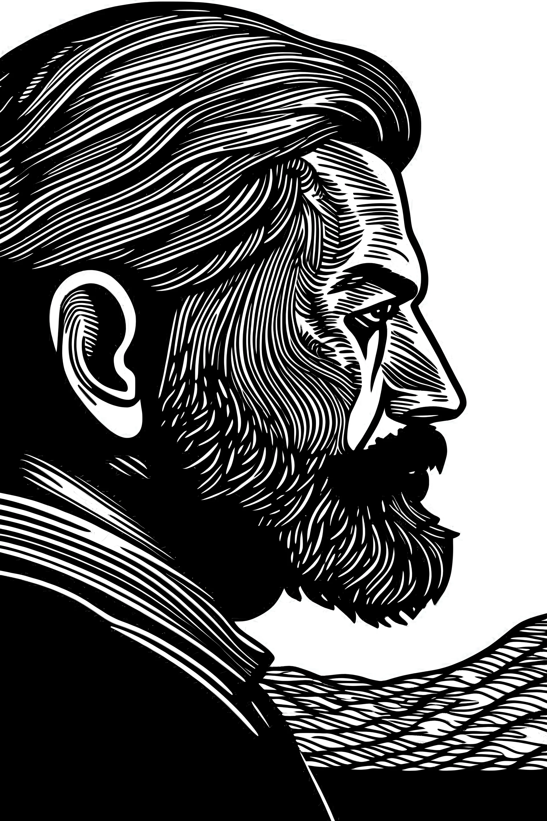 Linocut or woodcut of male polar explorer with beard in profile. Background: Minimalistic linocut woodcut screenprint of Svalbard mountains, in the arctic,