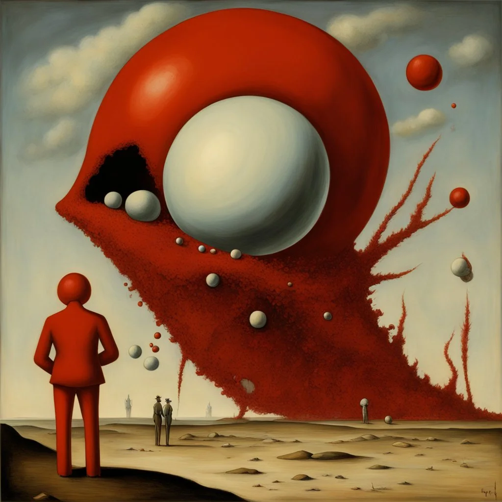 Odd open space, metaphysical, giant red object, very detailed, person, Yves Tanguy