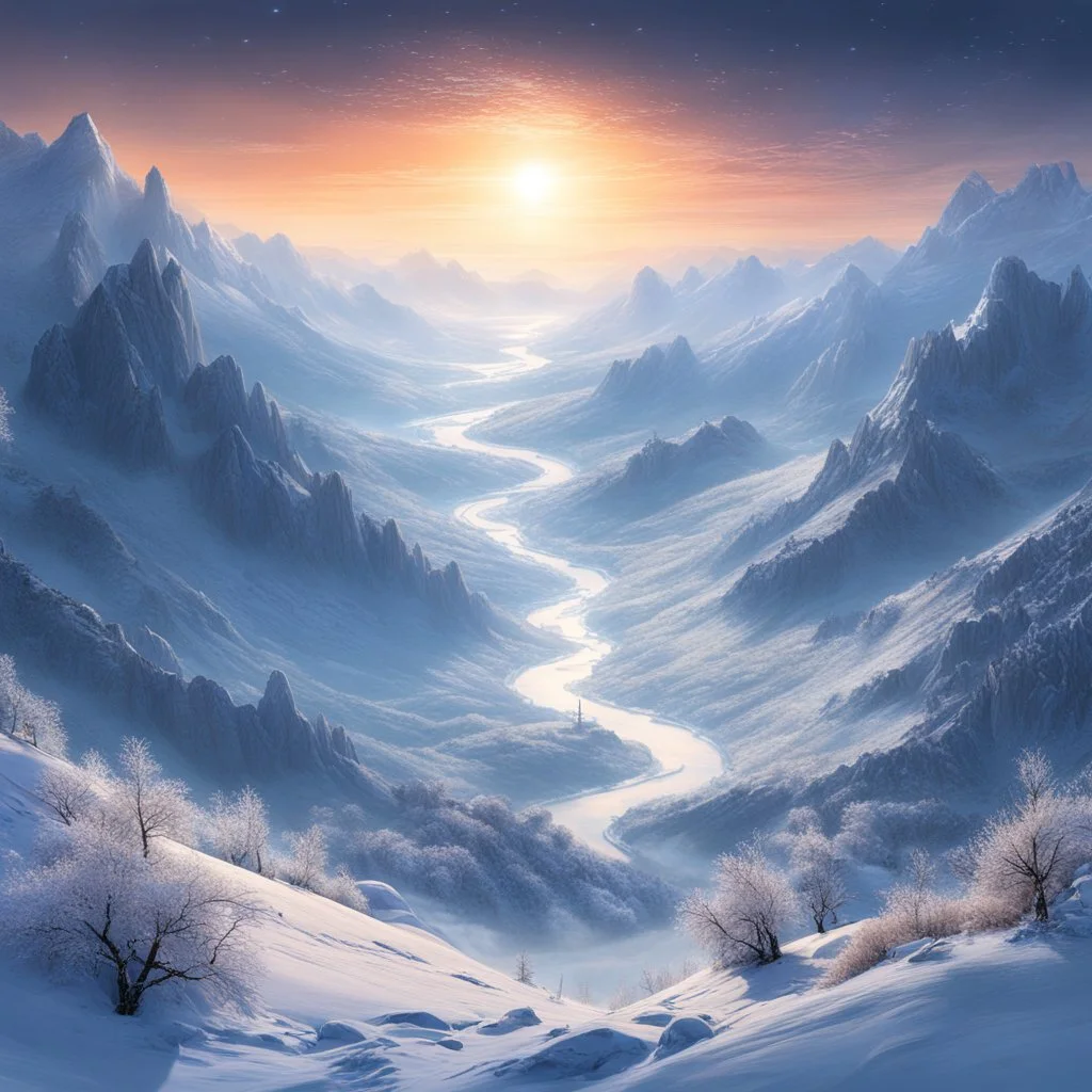 a heroic fantasy landscape of a wide and deep valley, with winter colors, the branches of the trees caught in crystalline frost, with several islets floating above this enchanting valley, asleep in a winter shroud, lit by the glow of a pale star , swirls of scattered mists