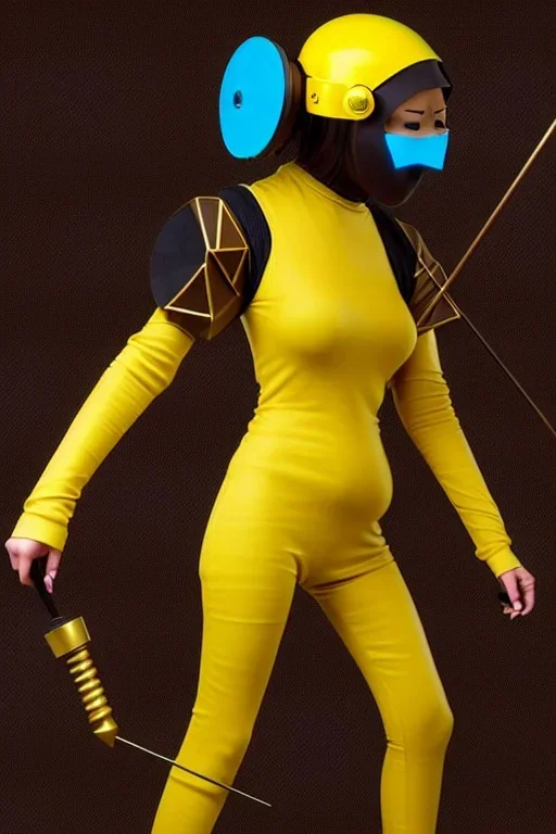 Geometric 3D tiling and cinnamon on the background. Bronze color, Yellow, Black Cyan photograph Cyber-punk, full-mask, AKG-style big headphones, golden rings & disc, fencing mask. Selfie archer. Asa Akira, lightly armored, electronic circuits. Thick tights, thick calves, bend fell, wide hip, flat belly. Ancient artifact attached. Perfect body. Daft Punk, Tron Movie. Matrix movie clothes, Silver leather area, tippet, latex. Wicked sneakers. 1990's, old telephone microphone. Surreal. Haute Couture