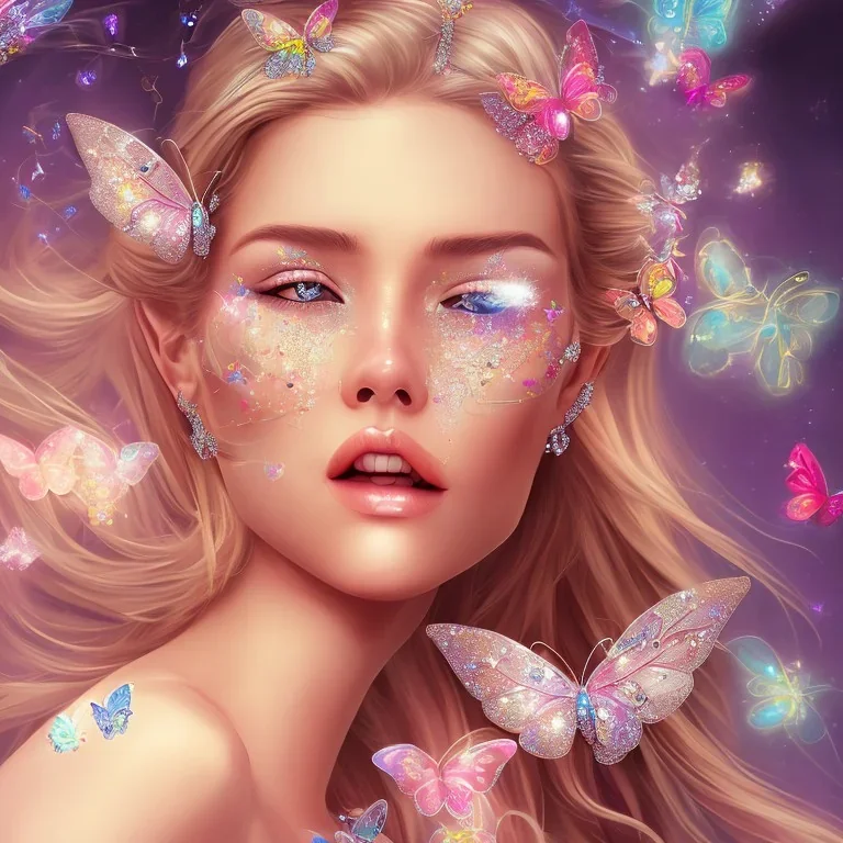  lying down beautiful face princess blond fairy smiling with sparkle jewel bikini and butterflies in hair magic