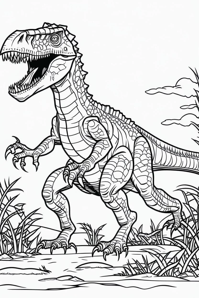 create a coloring page, white background Show a T-Rex patrolling the edge of its territory, marking the boundary with its scent and warning intruders to stay away ink drawing clipart, simple line illustrations, colored