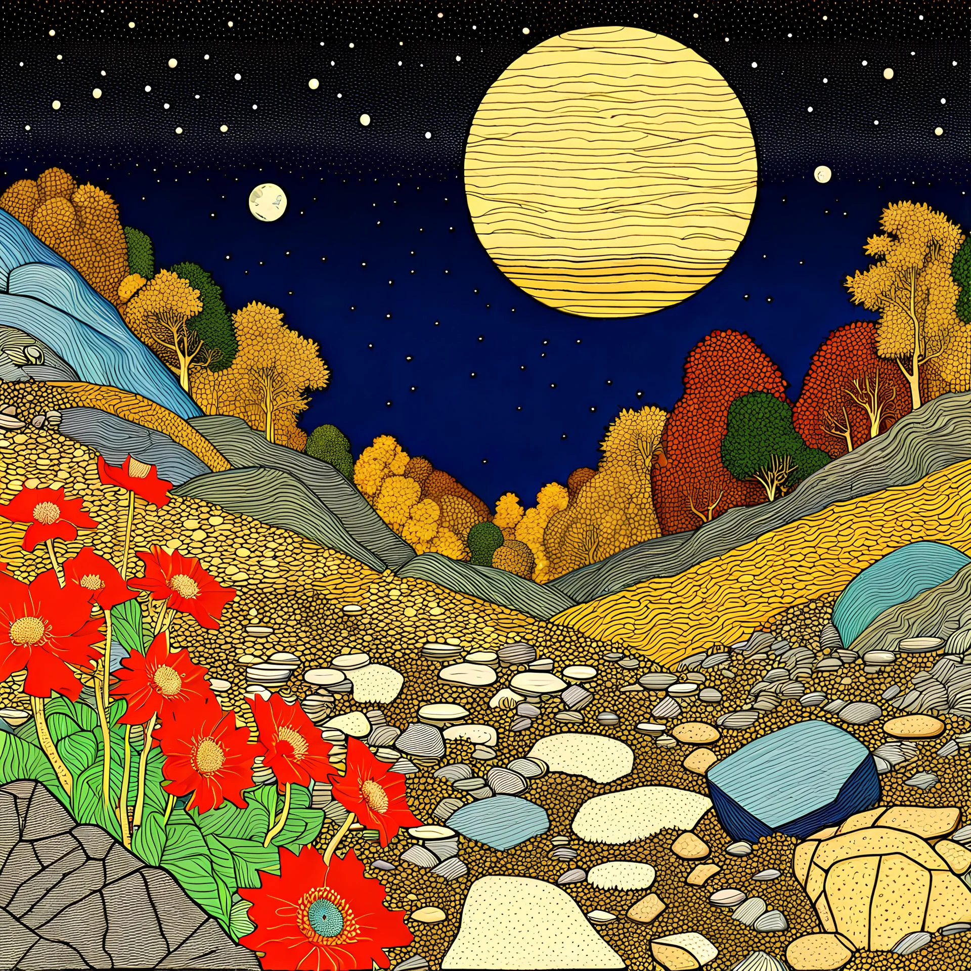 Colourful, peaceful, Egon Schiele, Max Ernst, Vincent Van Gogh, night sky filled with galaxies and stars, rocks, trees, flowers, one-line drawing, sharp focus, 8k, deep 3d field, intricate, ornate