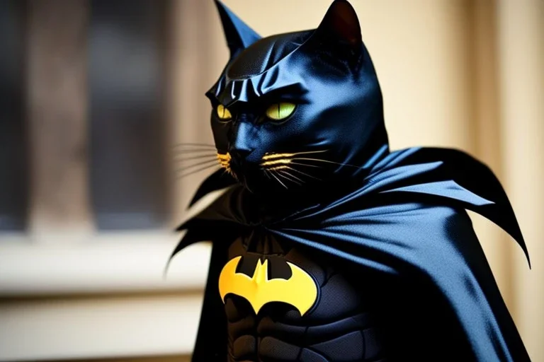 A cat is dressed like batman