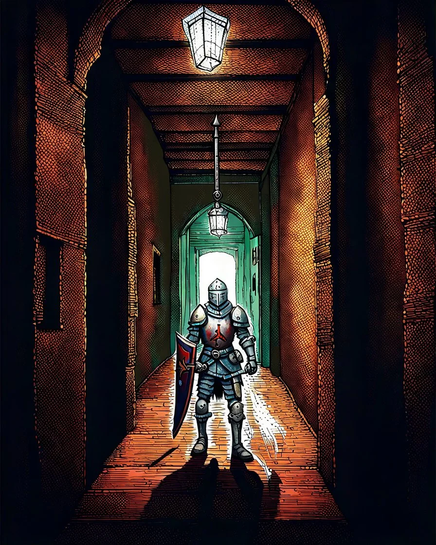 A frightening castle dungeon hallway with an knight warrior in rusty chainmail holding a zweihander painterly rpg art