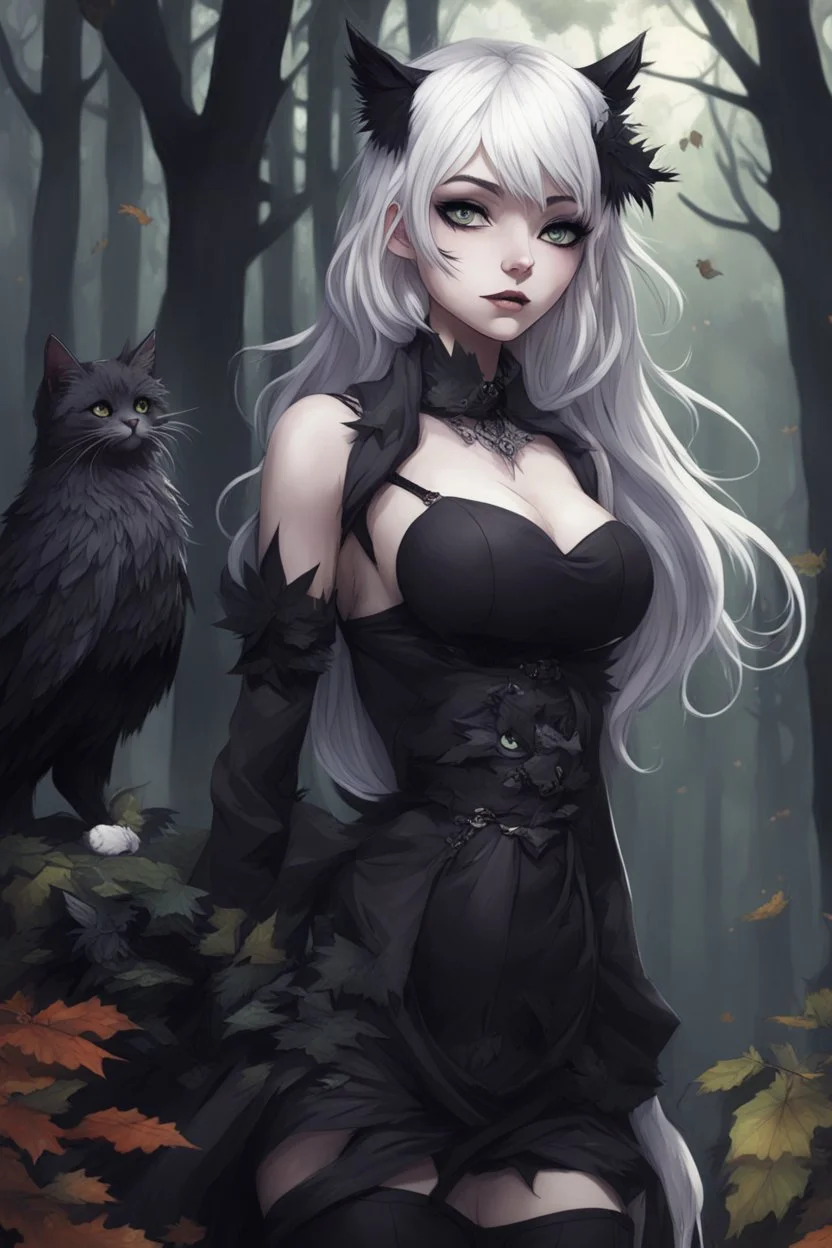 CAT GIRL, goth, forest, nature, cartoon, leaves, half black half white hair, boobs, ravens