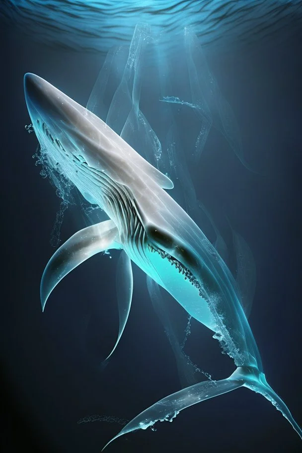 Shark, Scaled, Weightless Swimming, Bioluminescent Sea, Squid Tentacles, Transparent Skin