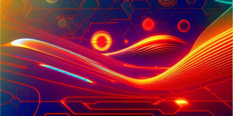 Vector technology abstract background with dynamic amorphous vector flowing gradient particle water curve waves and modern red, yellow, orange lines. Retro futurism geometric, cyberpunk.