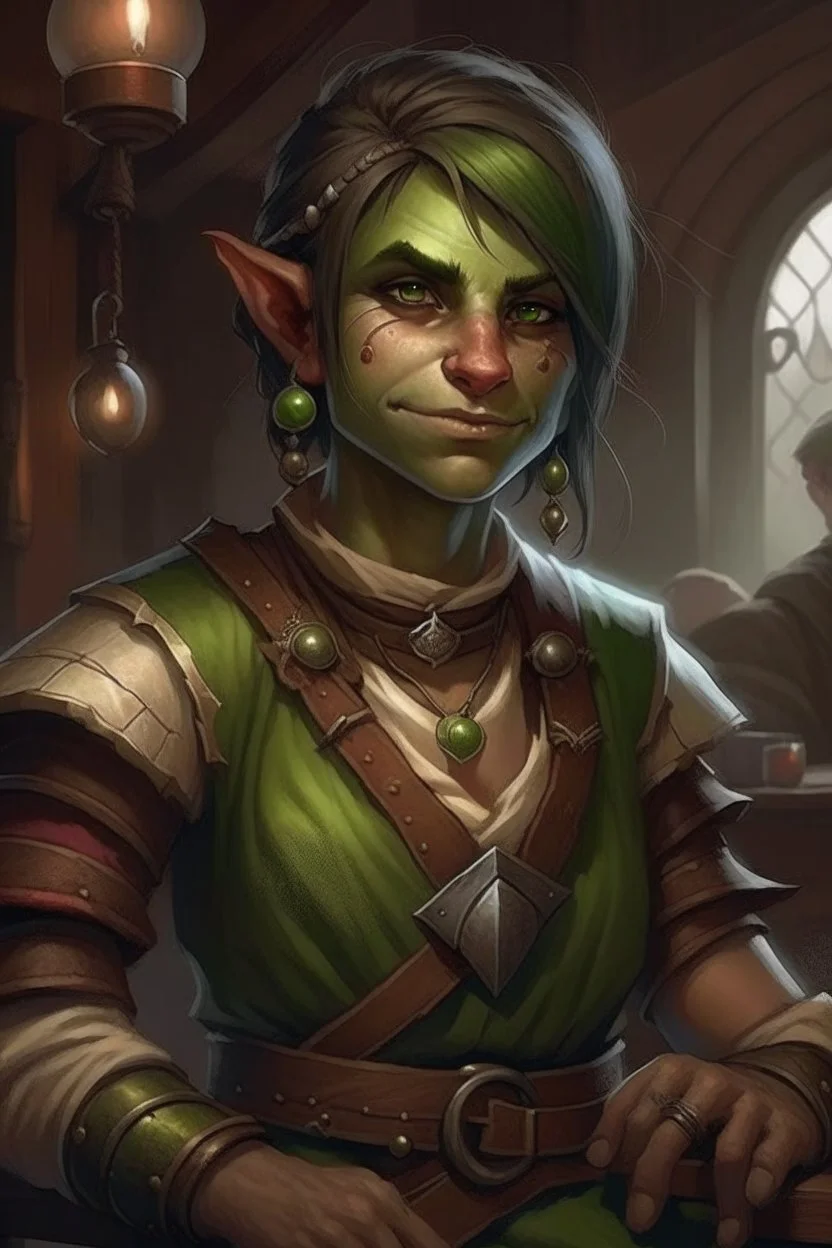 Dungeons and dragons orc woman. She has green skin. She is kind. She is handsome. She has nice eyes. She has short hair. She is strong. She is in a tavern. She has broad shoulders. She has a large jaw. She wears casual peasant clothes. Realistic style