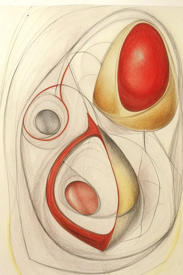 Pencil drawing and watercolour by Barbara Hepworth red grey and gold