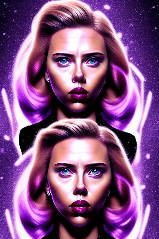 portrait Scarlett Johansson with big bobs black hairs violet Christmas top in the snow and fire