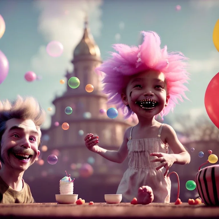 Ultra realistic circus scene. Sweet hair monster and Child’s playing, smile, happy, color bubbles, smooth color, waist up view, Wes Anderson style, dark ambient, highly detailed, concept art, unreal engine 5, god rays, ray tracing, RTX, lumen lighting, ultra detail, volumetric lighting, 3d, finely drawn, high definition, high resolution.