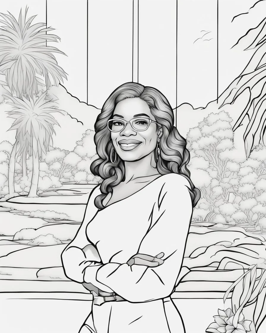 coloring page for teens, simple outlines art, cartoon style, outline drawing, bold outlines, clean and clear outlines, no tones color, no color, no detailed art, art full view, wide angle, white background, Oprah Winfrey