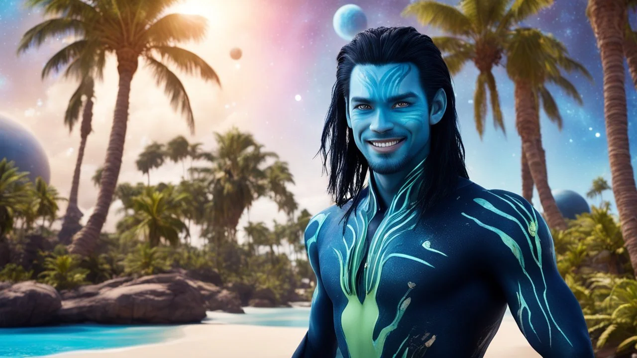 beautiful gorgeous young man na'vi with long hair, Avatar, blue skin, two small ears, green eyes, black hair, in cosmic suit, galactic ambiance, medium pointy goatee , smiling, with spaceship and planets and palm trees and clear crystaline cosmic beach in background