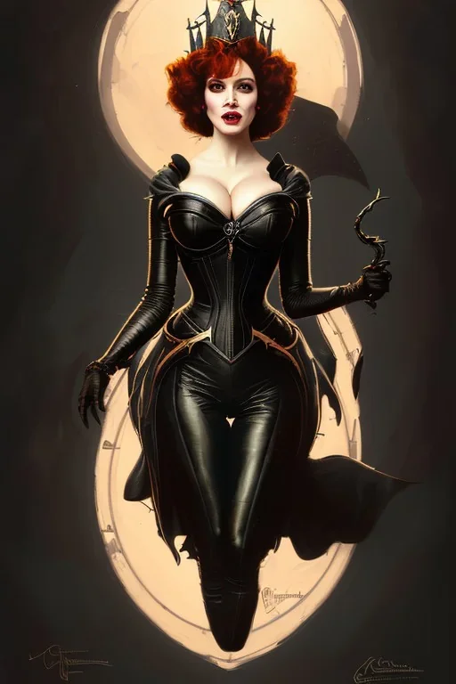 painting of christina hendricks as evil queen in black leather, feminie, angry, volouptous, busty, cleavage, emperious, mature, highly detailed, digital painting, artstation, concept art, smooth, sharp focus, illustration, art by gaston bussiere and alphonse mucha