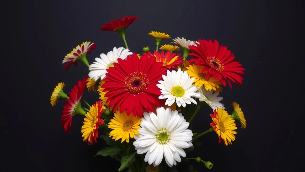 A bouquet of vibrant flowers including red, yellow, and white blooms against a dark background