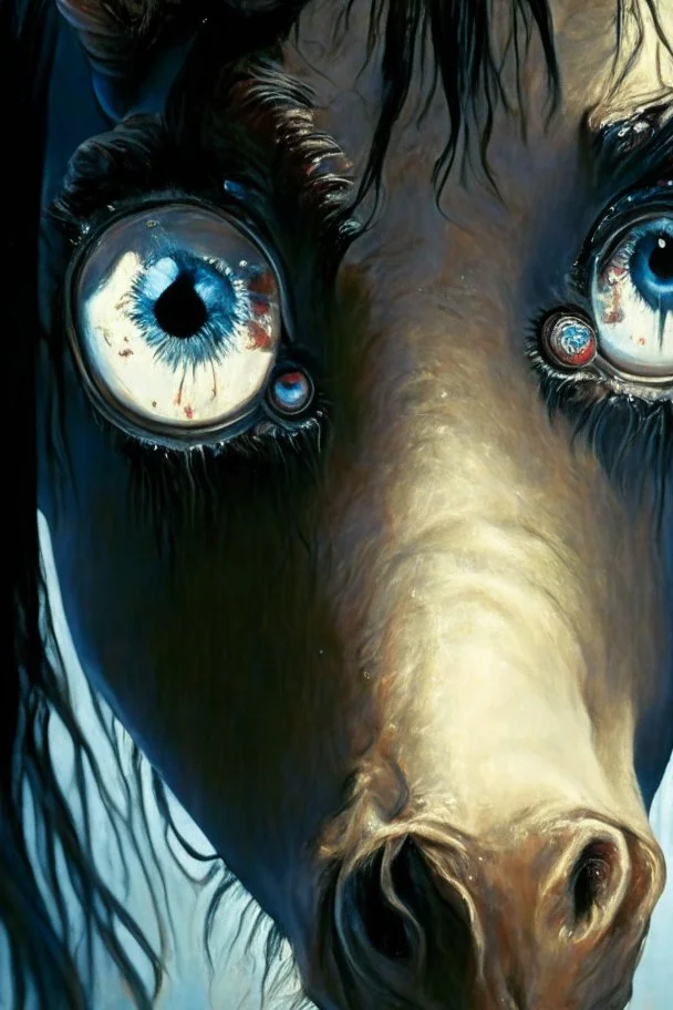 Demon Horse ,cute, big eyes, reflection in eyes, magical,whole body, Art by Norman Rockwell, digital art, trending on artstation, high contrast, deep color, magical, beautiful