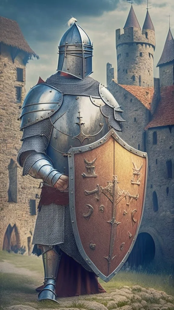 knight with big shield defending allies, medieval village in the background