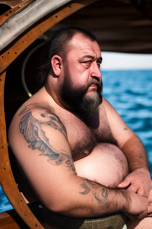 close up photography of an ugly burly chubby turkish fisherman relaxing sunbathing sitted in a small fischer wooden boat , tattoo, ugly, 34 years old, long beard, bullneck, muscular, angry eyes, photorealistic, 35mm lens, Canon EOS, 8k