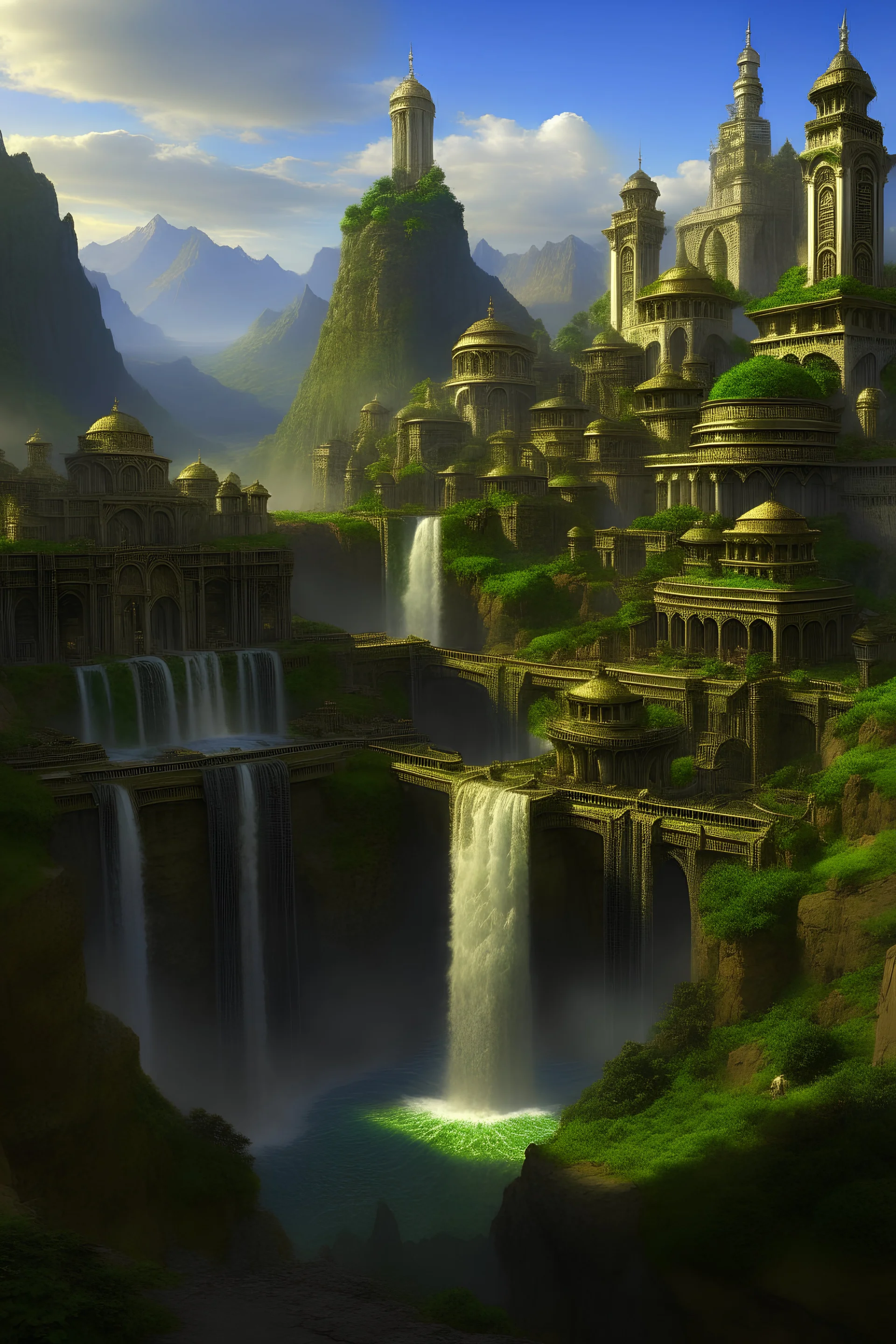 The Cascades are the name of a huge city built into the hills of the Eternal Spires, the largest mountain range in the world. It is controlled by 3 large factions. There is a massive waterfall cascading through the entire city to a large pool in the middle of the town square near the Moon Temple