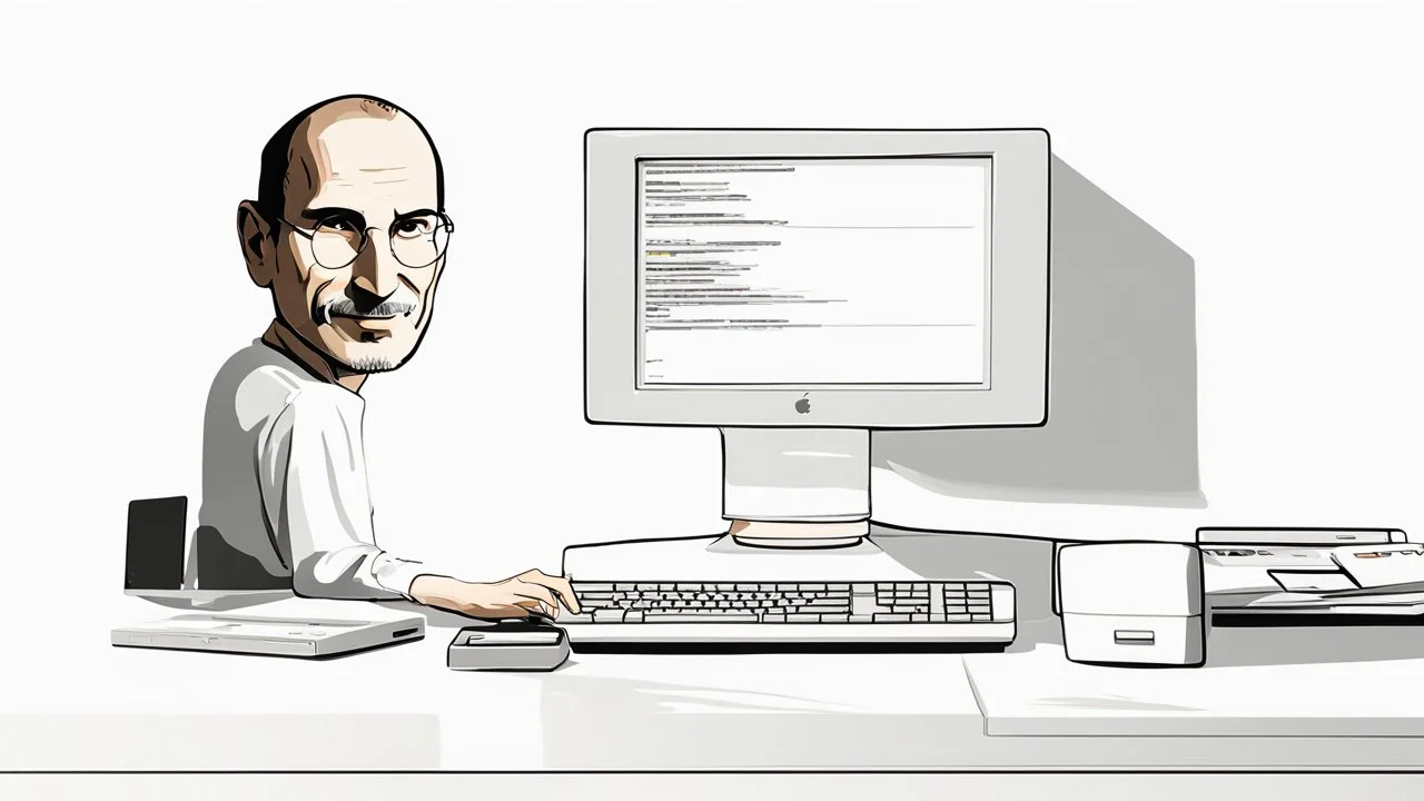 An image inspired by Steve Jobs' innovative spirit shows him standing next to the iconic iMac computer. Jobs appears in the image with a confident smile, casting a look full of optimism towards the future. The image showcases his dedication to achieving innovative technology and sleek design, captivating viewers' attention and encouraging them to explore more details about Steve Jobs' pioneering persona and his legacy in the world of technology and innovation.