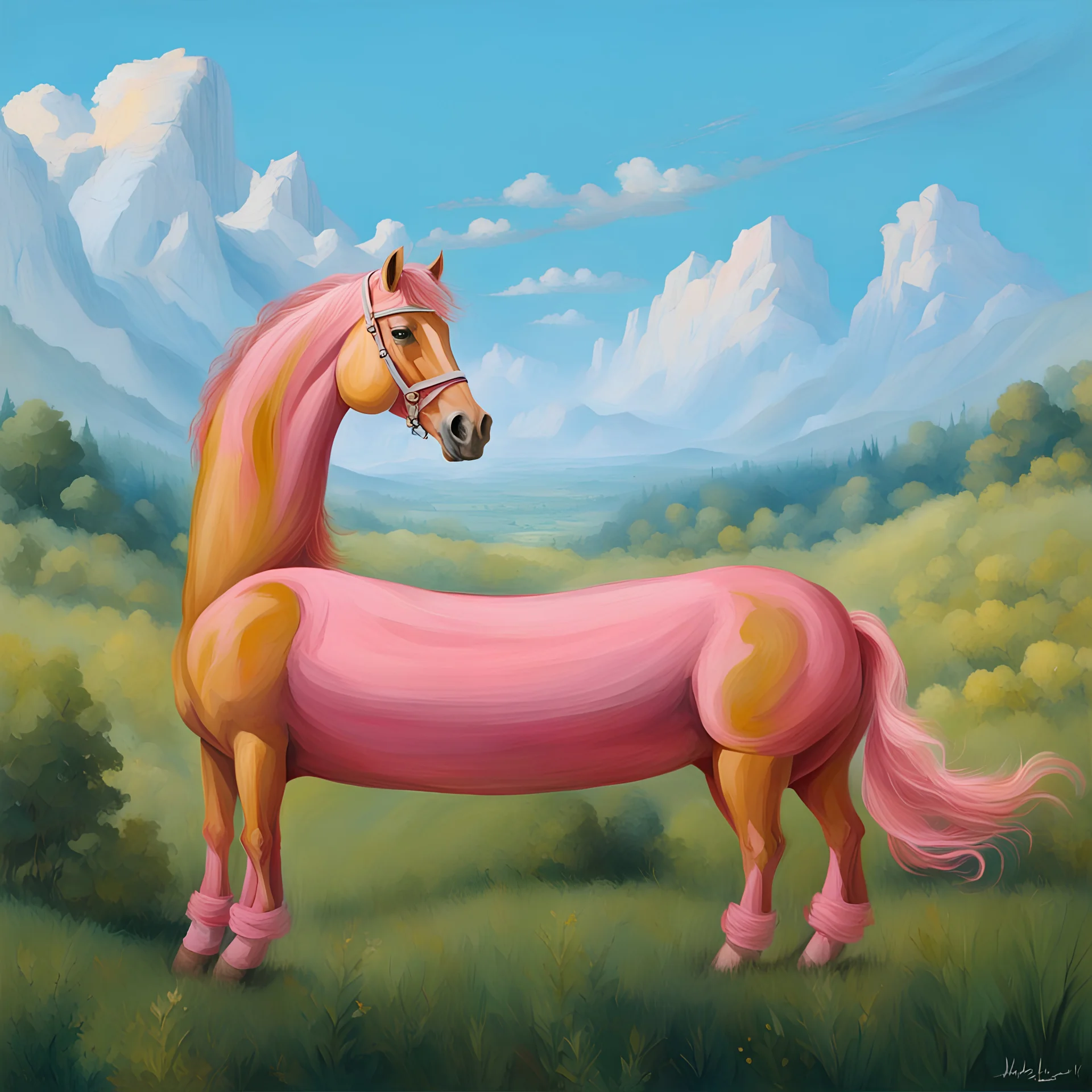 a pink horse whit a big man sit it like a 19th painting