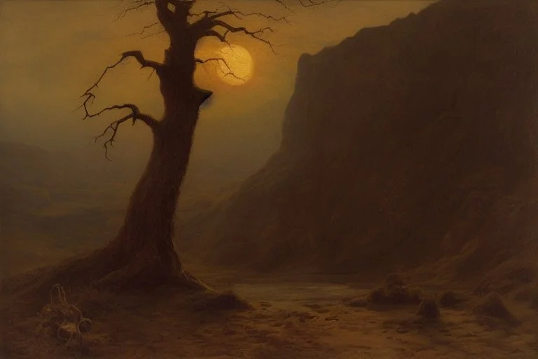 night, dry trees, rocks, mountains, cliffs, philosophic influence, horror gothic movies influence, dark fantasy and witchcraft influence, rodolphe wytsman, emile claus, and friedrich eckenfelder impressionism paintings