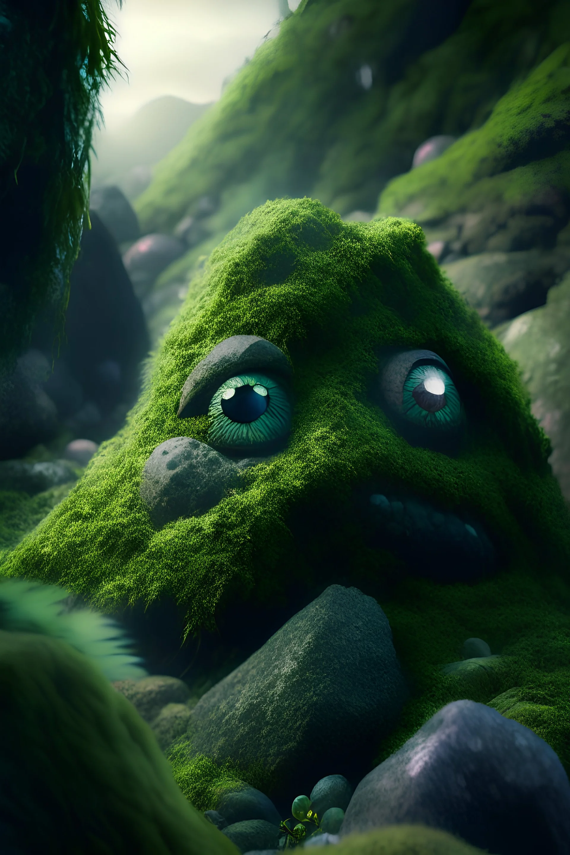 A rock rising from a age old slumber, his eyes are huge and wise, he has a sleepy expression ,his body overgrown with moss and vegetation, looking at small human ,as seen from behind the human,lush phantasy setting, fantastical world build, immaculate resolution, immaculate details,8K quality, animals frolic around