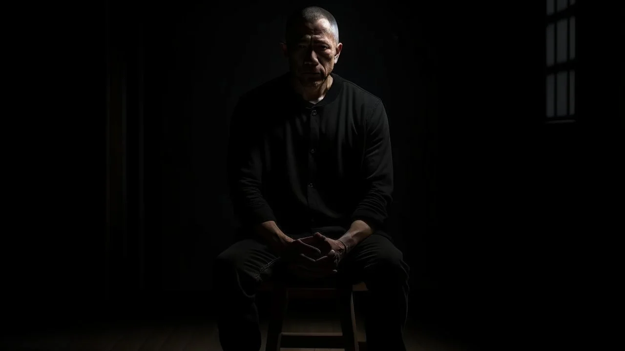، يظهر رجل جالس على كرسي في غرفة مظلمة. وجهه غير واضح، لكن يمكن رؤية عينيه مغمضتين. الرجل يرتدي ملابس سوداء، ويبدو أنه في حالة من الهدوء والتأمل.