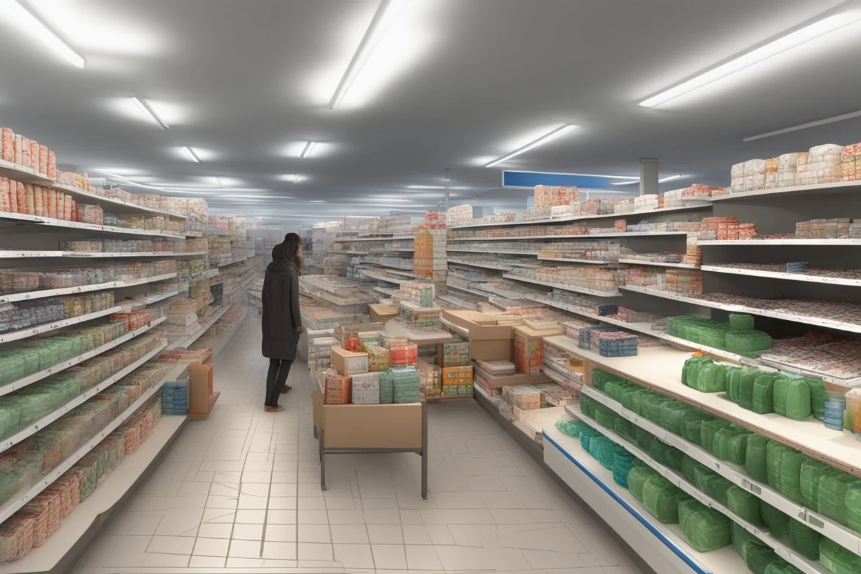 can you please generate an image of supermarket in a refugee camp that sells imported goods like clothes, bottled water, cleaning products ect